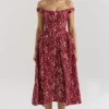 Charming Gold and Berry Lace Midi Off Shoulder Dress