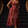 Charming Gold and Berry Lace Midi Off Shoulder Dress