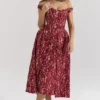 Charming Gold and Berry Lace Midi Off Shoulder Dress