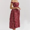 Charming Gold and Berry Lace Midi Off Shoulder Dress