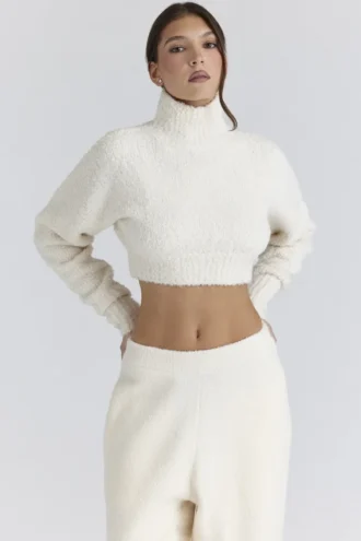 Cheyenne Ivory Cropped Chunky Boucle Wool Knit Sweater