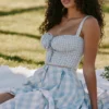 Chiarina Light Blue Gingham Stretch Cotton Midi Dress