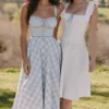 Chiarina Light Blue Gingham Stretch Cotton Midi Dress
