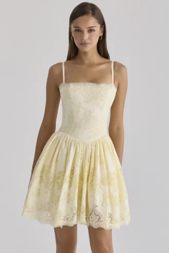 Chloe Lemon Custom Lace Cotton Broderie Anglaise Mini Dress