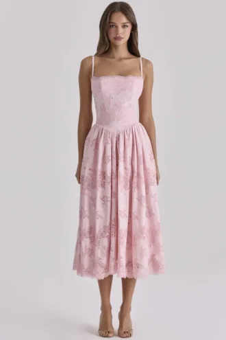 Chloe Pink Cotton Broderie Anglais Lace Midi Sundress