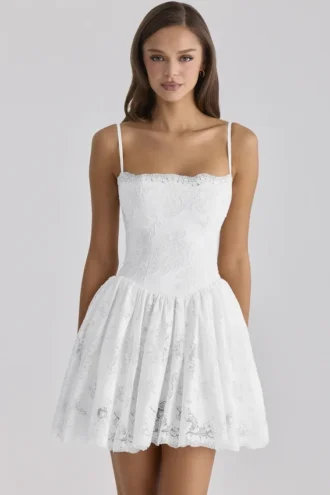 Chloe White Custom Lace + Cotton Broderie Anglaise Mini Dress