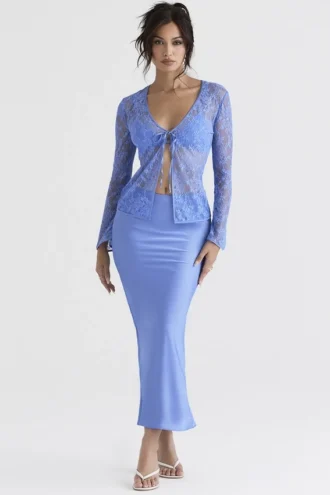 Clara Blue Satin Bias Cut Midi Skirt