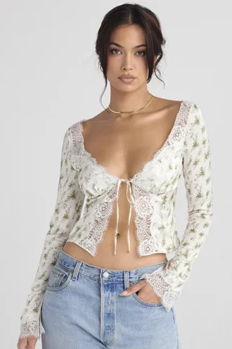 Clarissa Garden Print Lace Trim Top