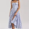 Claudia Blue Floral Print Stretch Cotton Halter Neck Midi Dress
