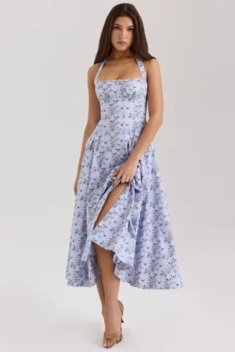 Claudia Blue Floral Print Stretch Cotton Halter Neck Midi Dress
