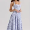 Claudia Blue Floral Print Stretch Cotton Halter Neck Midi Dress