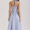 Claudia Blue Floral Print Stretch Cotton Halter Neck Midi Dress