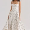 Claudia Cream Daisy Print Stretch Cotton Halter Neck Midi Dress