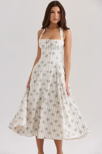 Claudia Cream Daisy Print Stretch Cotton Halter Neck Midi Dress