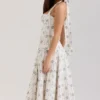 Claudia Cream Daisy Print Stretch Cotton Halter Neck Midi Dress