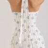 Claudia Cream Daisy Print Stretch Cotton Halter Neck Midi Dress