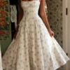 Claudia Cream Daisy Print Stretch Cotton Halter Neck Midi Dress