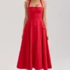 Claudia Red Stretch Cotton Button Halter Neck Midi Dress