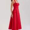 Claudia Red Stretch Cotton Button Halter Neck Midi Dress