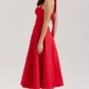 Claudia Red Stretch Cotton Button Halter Neck Midi Dress