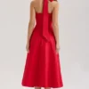 Claudia Red Stretch Cotton Button Halter Neck Midi Dress