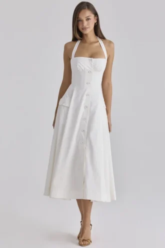 Claudia White Cotton Halter Neck Midi Dress