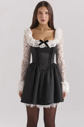Cleora Black Lace Ruffle Mini Dress
