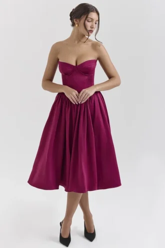 Coco Burgundy Satin Tulle Midi Dress