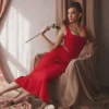 Colette Scarlet Satin Low Waist Midi Skirt