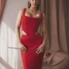 Colette Scarlet Satin Low Waist Midi Skirt