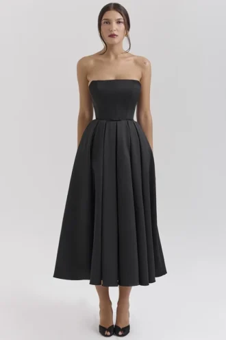 Contessa Black Strapless Satin Corset Midi Dress