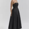 Contessa Black Strapless Satin Corset Midi Dress