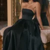 Contessa Black Strapless Satin Corset Midi Dress