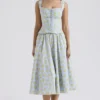 Cora Soft Blue Vintage Floral Print Cotton Midi Skirt