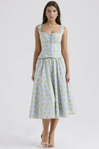 Cora Soft Blue Vintage Floral Print Cotton Midi Skirt