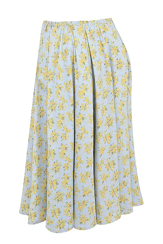 Cora Soft Blue Vintage Floral Print Cotton Midi Skirt