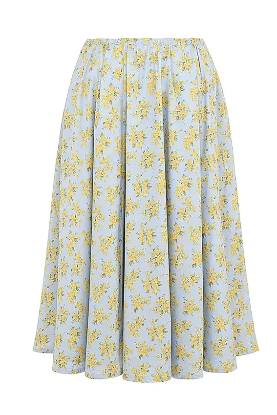 Cora Soft Blue Vintage Floral Print Cotton Midi Skirt
