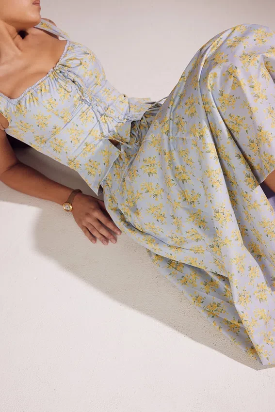 Cora Soft Blue Vintage Floral Print Cotton Midi Skirt