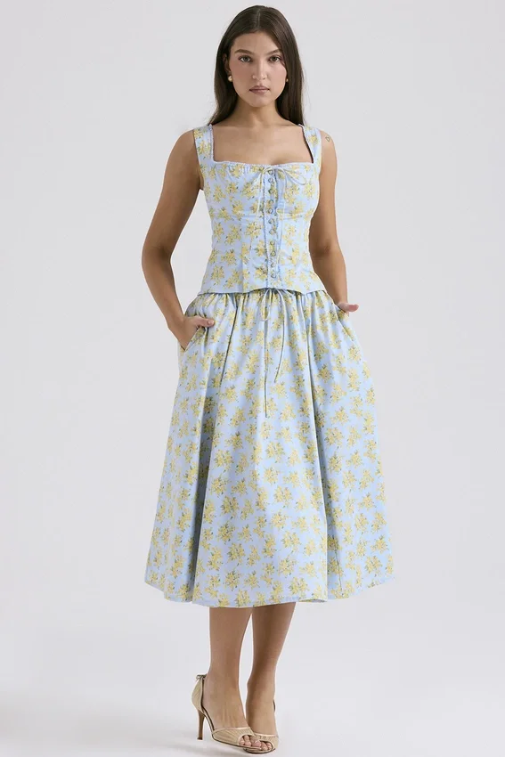 Cora Soft Blue Vintage Floral Print Cotton Midi Skirt