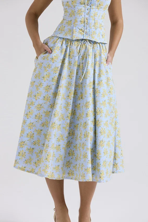 Cora Soft Blue Vintage Floral Print Cotton Midi Skirt