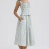 Cora Soft Blue Vintage Floral Print Cotton Midi Skirt