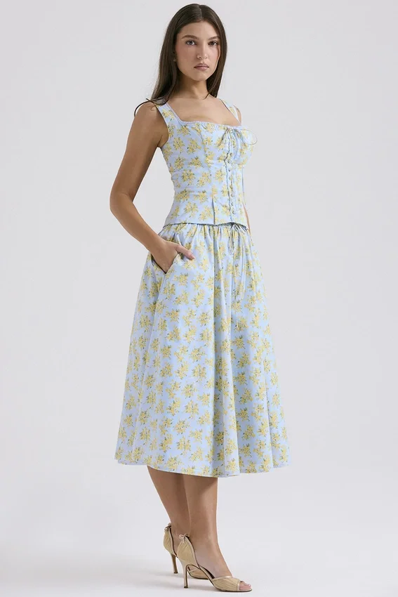 Cora Soft Blue Vintage Floral Print Cotton Midi Skirt