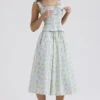 Cora Soft Blue Vintage Floral Print Cotton Midi Skirt