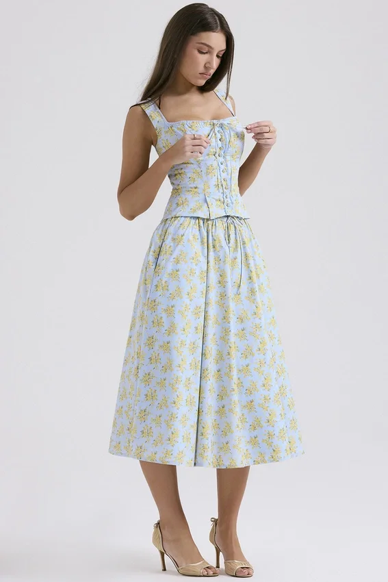 Cora Soft Blue Vintage Floral Print Cotton Midi Skirt