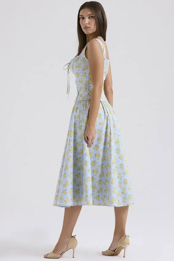 Cora Soft Blue Vintage Floral Print Cotton Midi Skirt