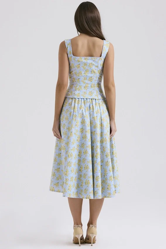Cora Soft Blue Vintage Floral Print Cotton Midi Skirt