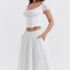 Cora White Gathered Midi Skirt