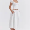 Cora White Gathered Midi Skirt
