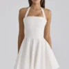 Cosette White Broderie Anglais + Cotton Halter Neck Mini Dress