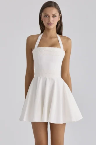 Cosette White Broderie Anglais + Cotton Halter Neck Mini Dress